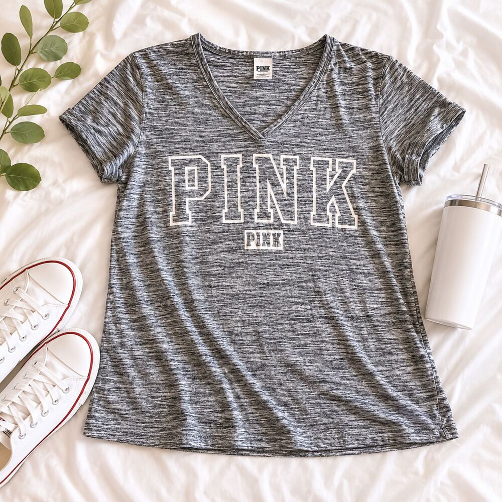 Y2K Victoria's Secret PINK V-Neck Varsity Logo Campus Tee, Heather Gray, Size L